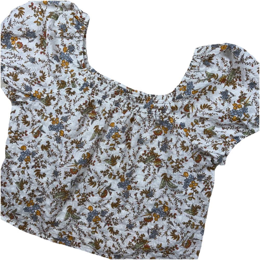 a.n.a A New Approach Blouse Womens PL Petite White Floral Smocked Puff‎ Sleeve